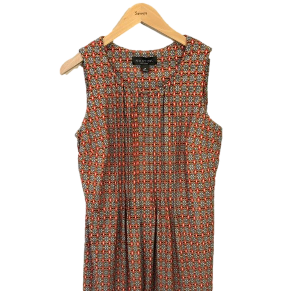 Perceptions Dress, Sleeveless bold geometric pattern, w/ Darts & Pleats, size MD